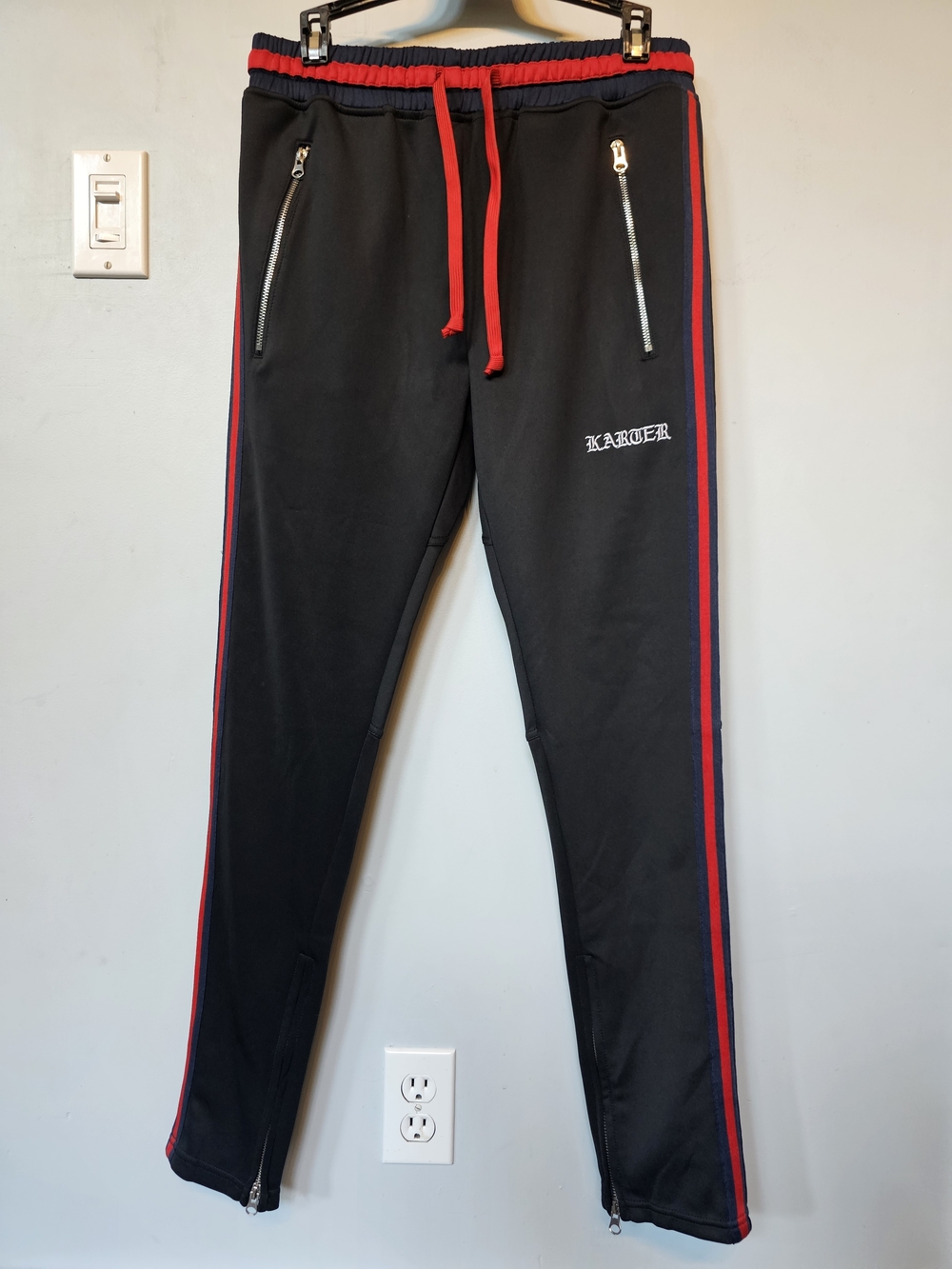 Karter Collections Track Pants Medium Black Red Navy Stripe Zip Ankle Streetwear